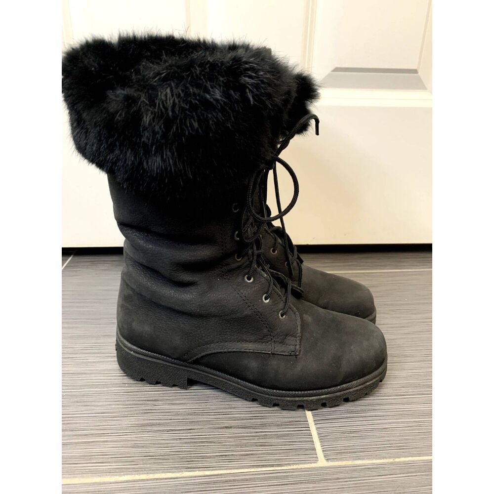Sorel Black Leather Rabbit Fur Lace Up Boots Size 8 Made in Canada